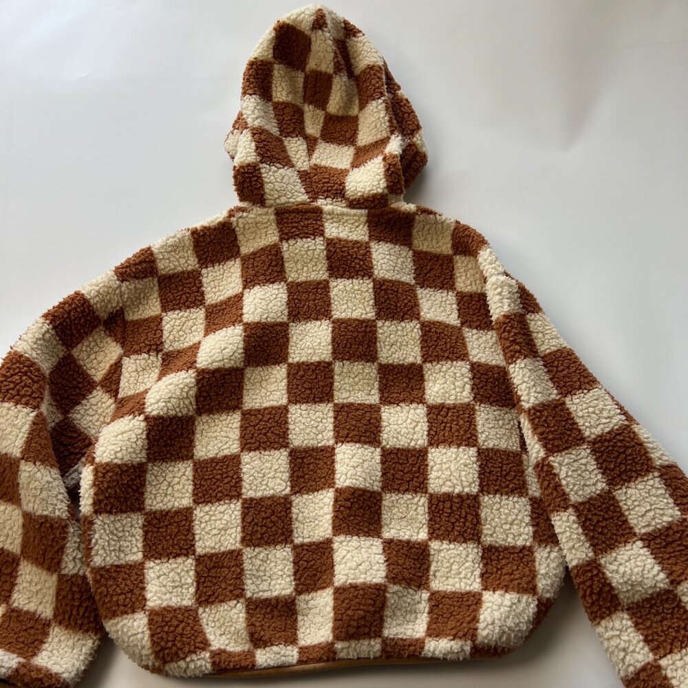 Gap Kids XL (12) Cream & Brown Checkered Hooded Fleece Pullover Jacket - Picture 6 of 8